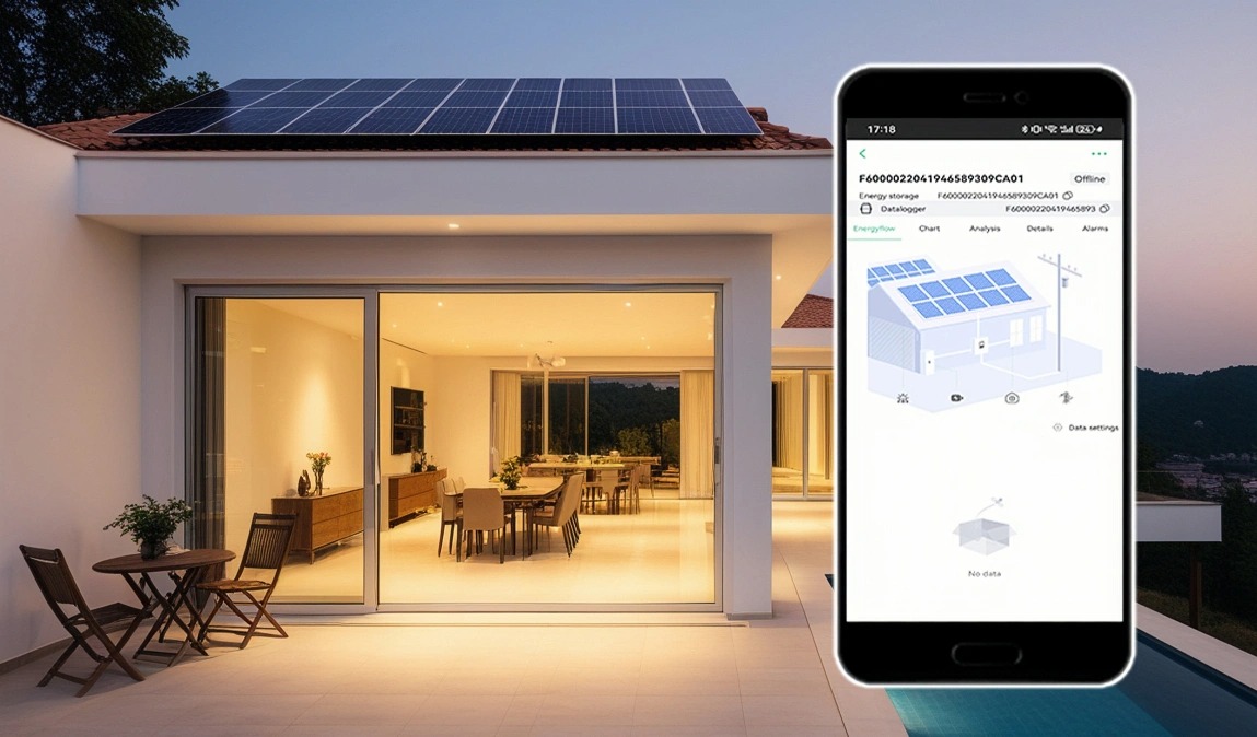 Modern home with solar panels on roof beside smartphone displaying energy storage system management application