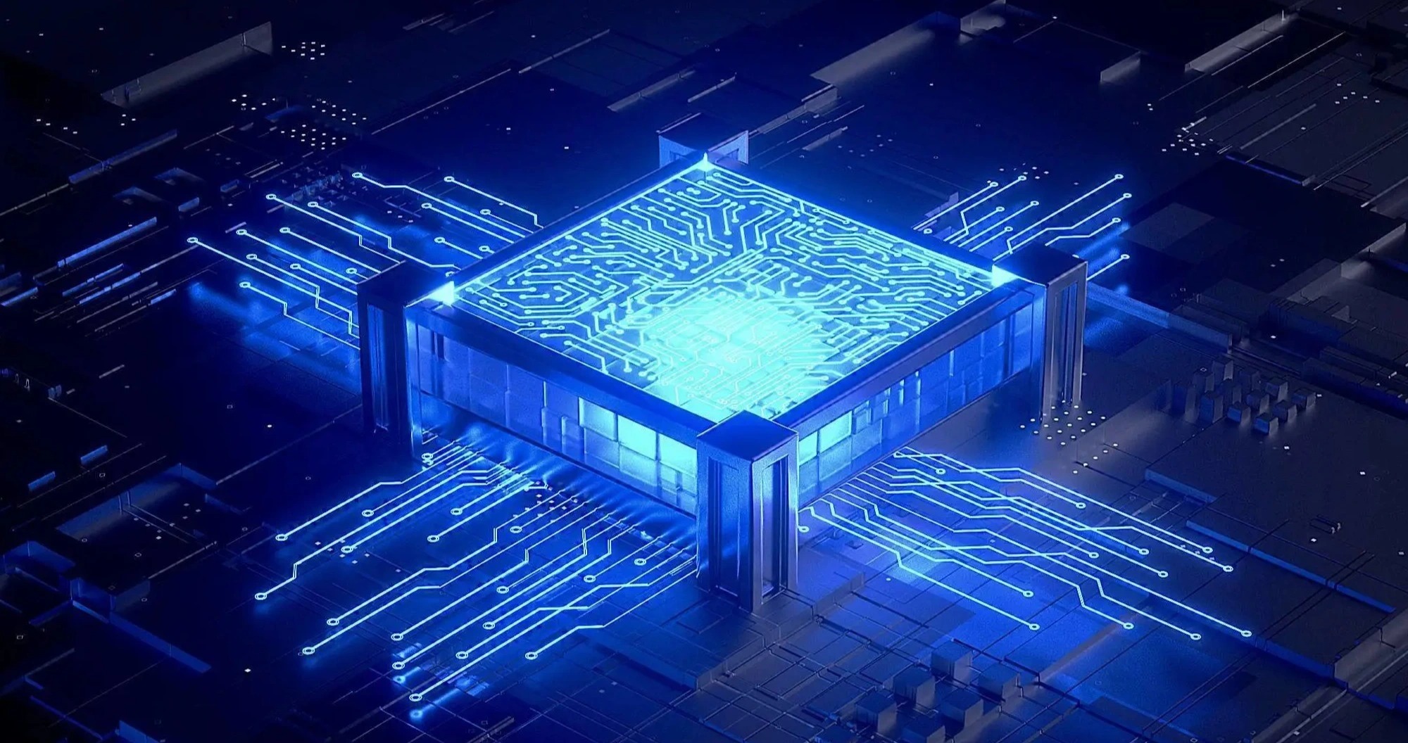 Close-up 3D visualization of a blue digital microchip circuit board glowing with electric activity