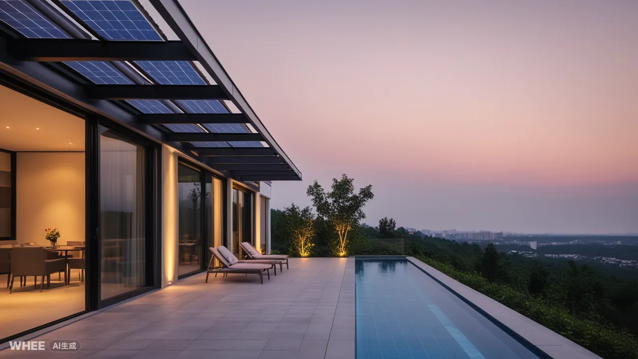 Modern home exterior with solar panels on glass roof terrace, poolside chairs, and city skyline at sunset lighting the sky
